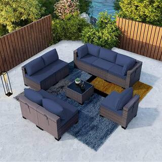Halmuz 9-Piece Wicker Outdoor Sectional Set with Cushion Navy (A+2B+C)PS-Navy - The Home Depot | The Home Depot