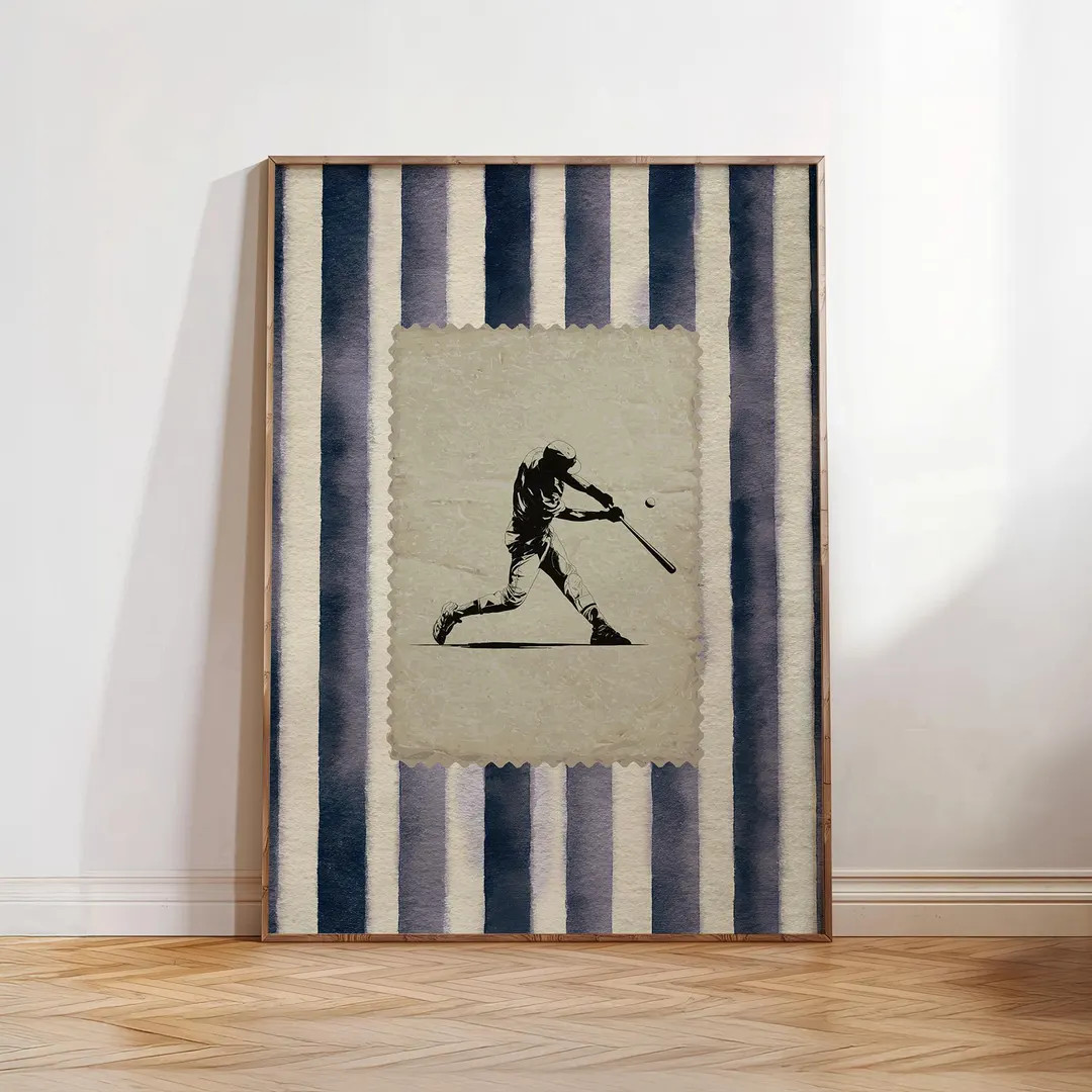 Vintage Navy Blue Baseball Wall Art, Trendy Watercolor Striped Sports Print, Retro Mid-swing Play... | Etsy (US)