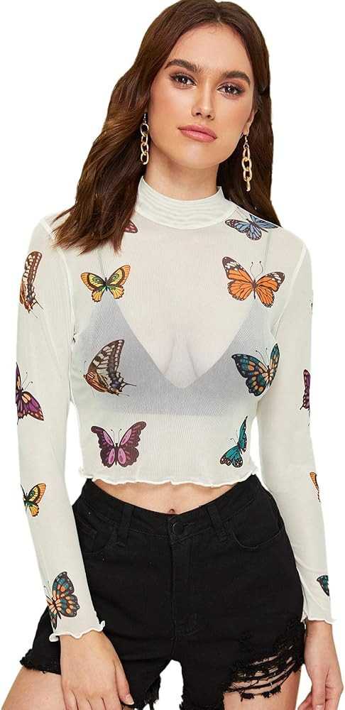 SweatyRocks Women's Long Sleeve Mock Neck Angel Print Sexy Sheer Mesh Crop Top | Amazon (US)