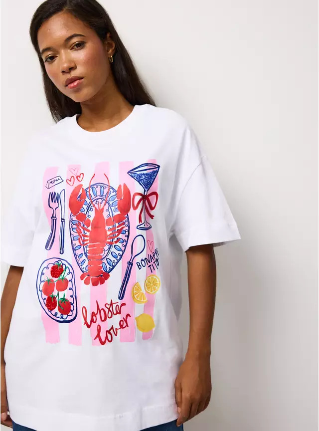 White Lobster Print Graphic Oversized Fit T-Shirt M | Tu Clothing