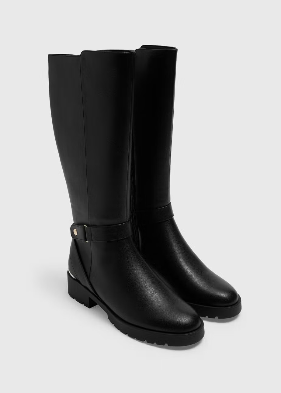 Black Gold Buckle Rider Knee High Boots - Size 5 | Matalan (UK)