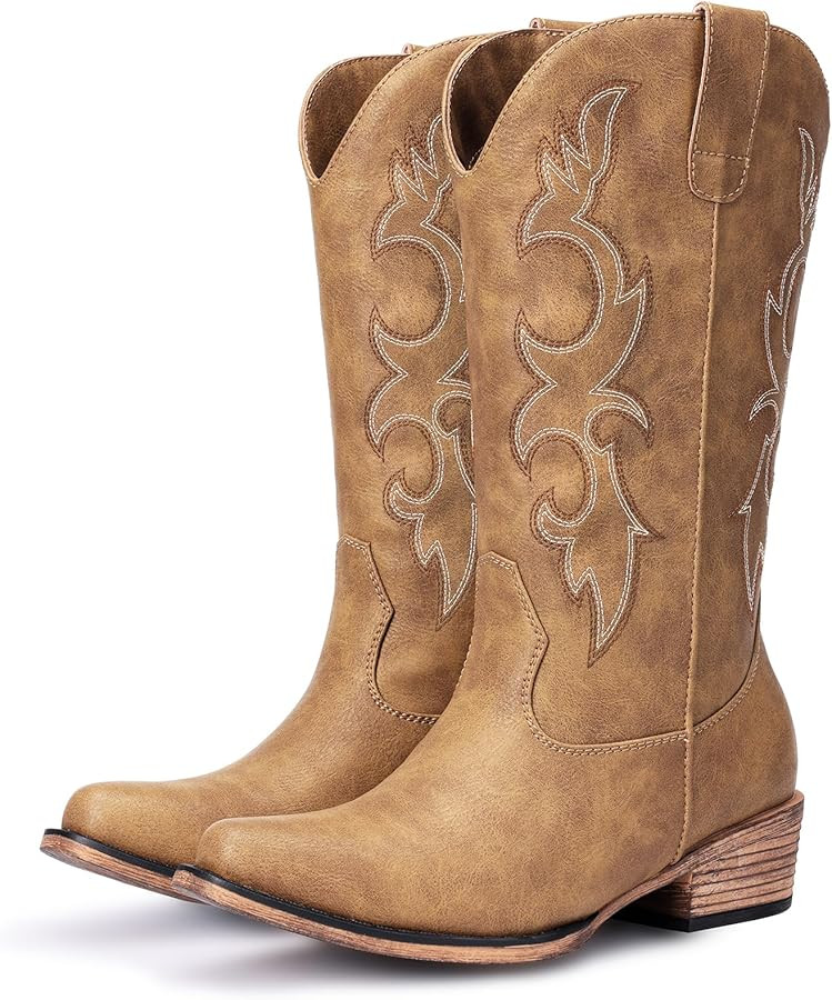 Cowboy Boots for Women - Embroidered Cowgirl Boots Western Mid Calf Fashion Chunky Heel Pointed T... | Amazon (US)