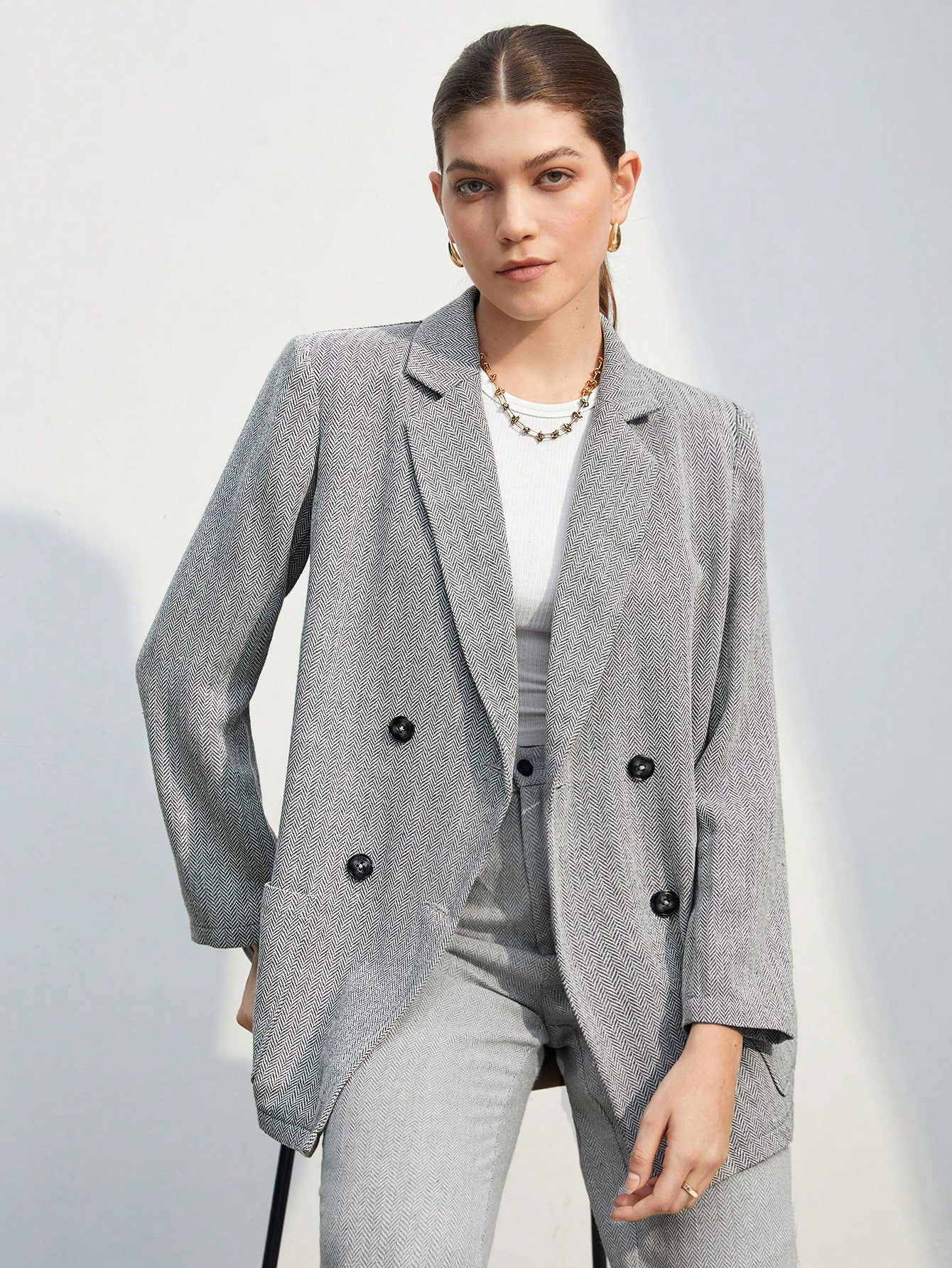 SHEIN BIZwear Double Breasted Lapel Neck Blazer | SHEIN