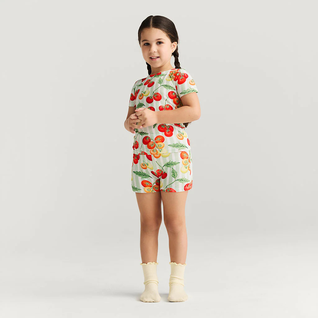 Tomato Green Short Sleeve Cherry Tomatoes Classic Pajama Short Set | Posh Peanut® | Posh Peanut