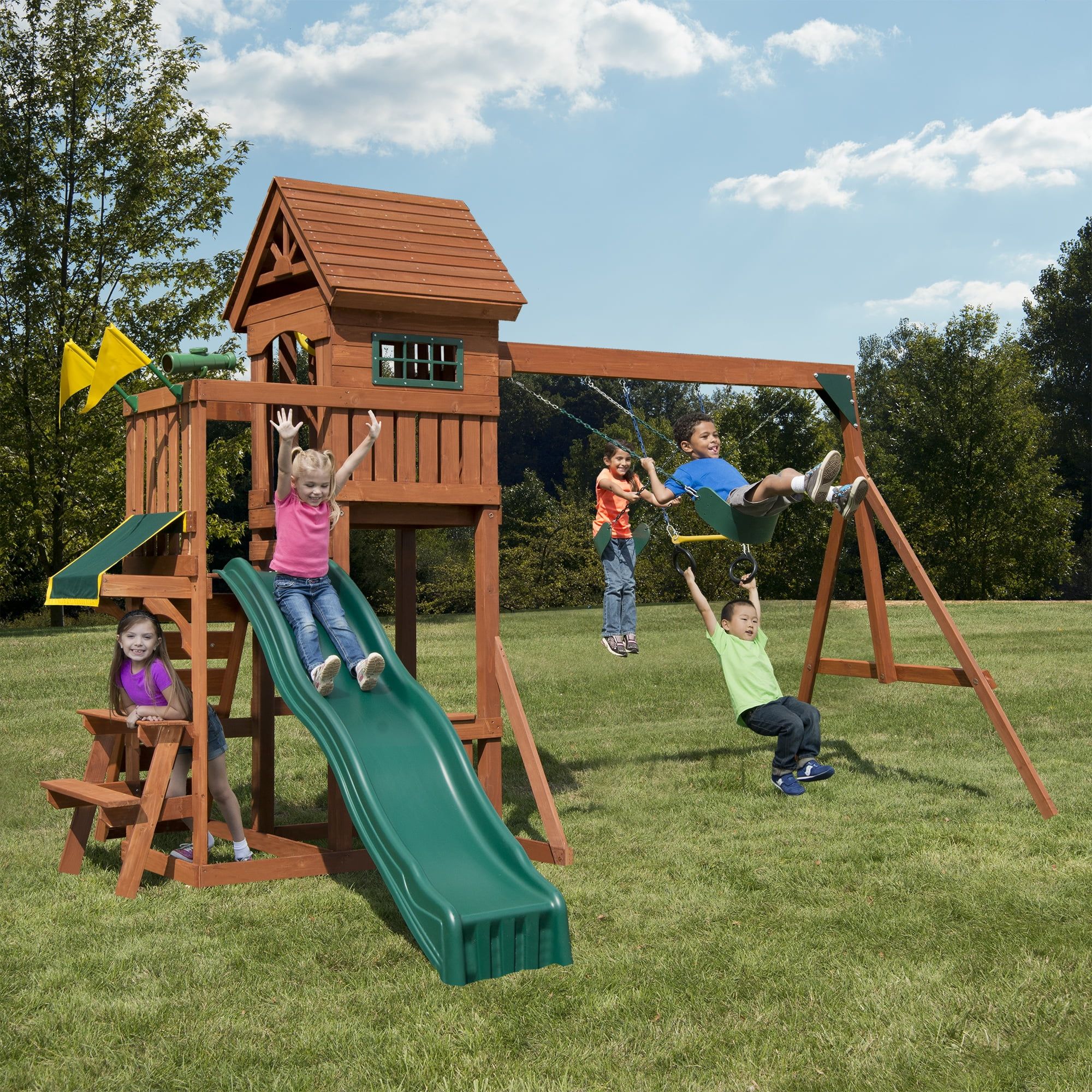 Swing-N-Slide Playful Palace Wooden Swing Set with Slide, Swing, and Climbing Wall | Walmart (US)