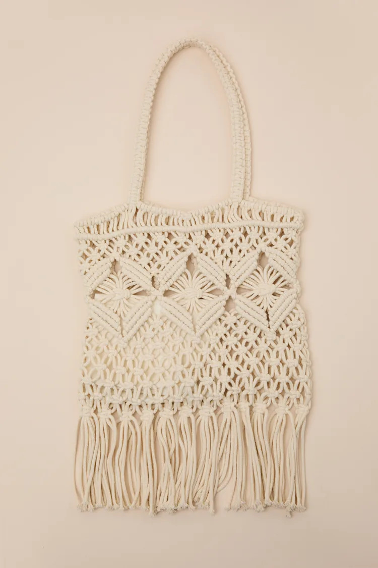 Cambria Ivory Macrame Fringe Tote Bag | Lulus