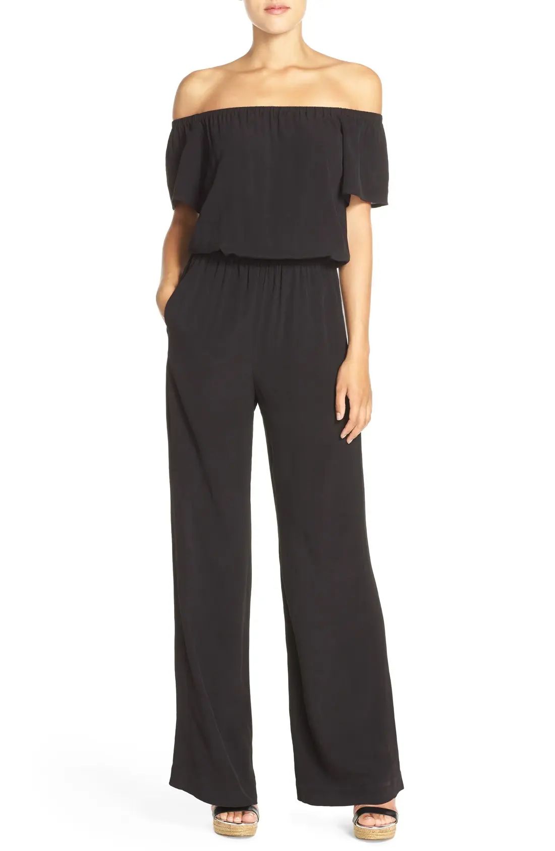 Women's Charles Henry Off The Shoulder Wide Leg Jumpsuit, Size X-Small - Black | Nordstrom