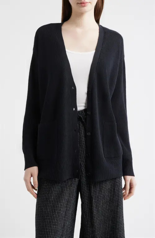 Eileen Fisher Organic Linen & Organic Cotton Cardigan in Black at Nordstrom, Size Large | Nordstrom