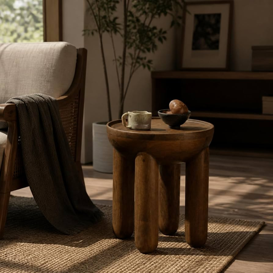 Mango Wood Side Table, 17.71" Tall Wood Round Side Table, Circle Bedside Tables Modern Drink Tabl... | Amazon (US)
