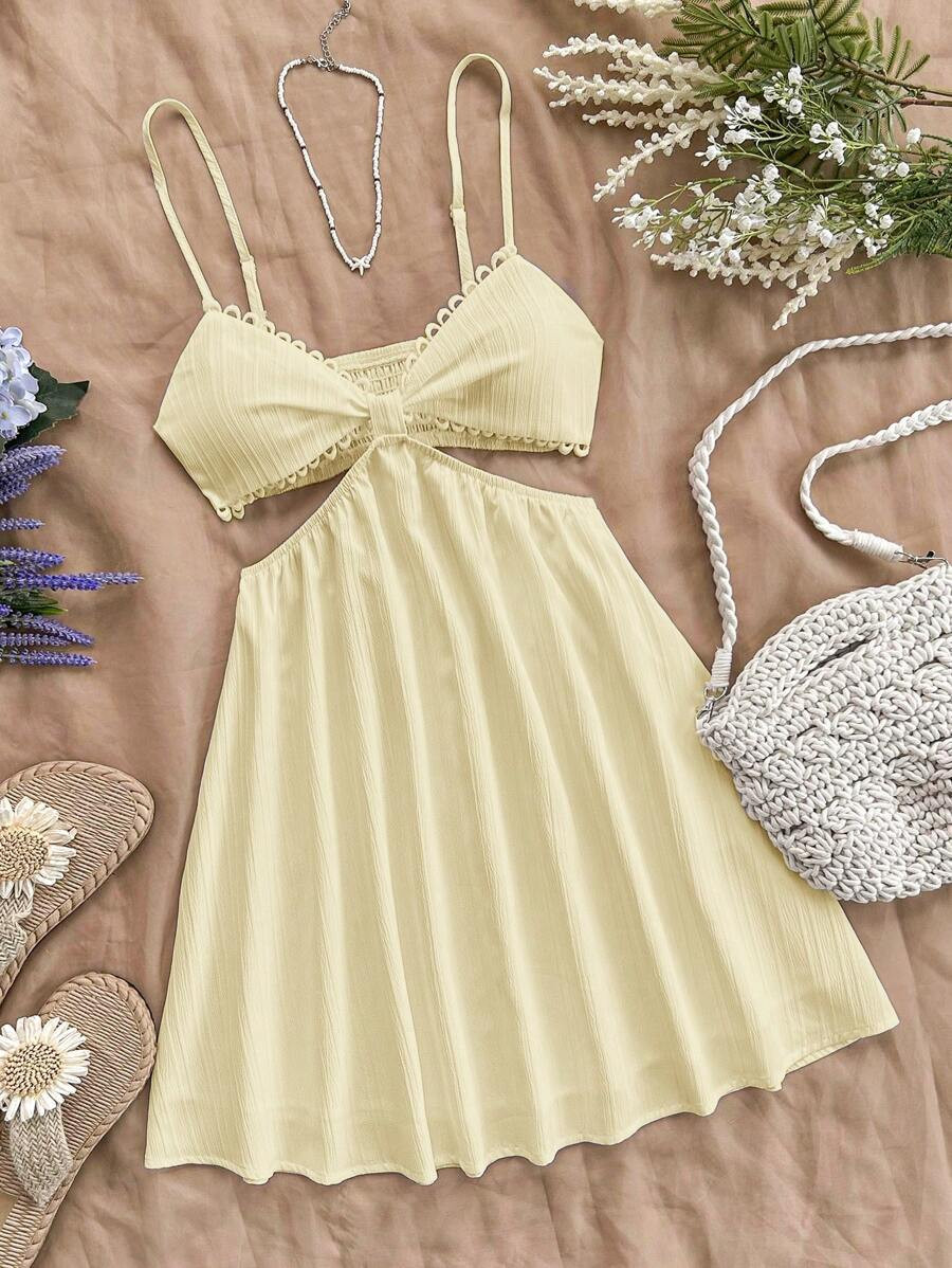 SHEIN Dreamara Women's Vacation White Waist Hollow V-Neck Spaghetti Strap Summer Dress | SHEIN