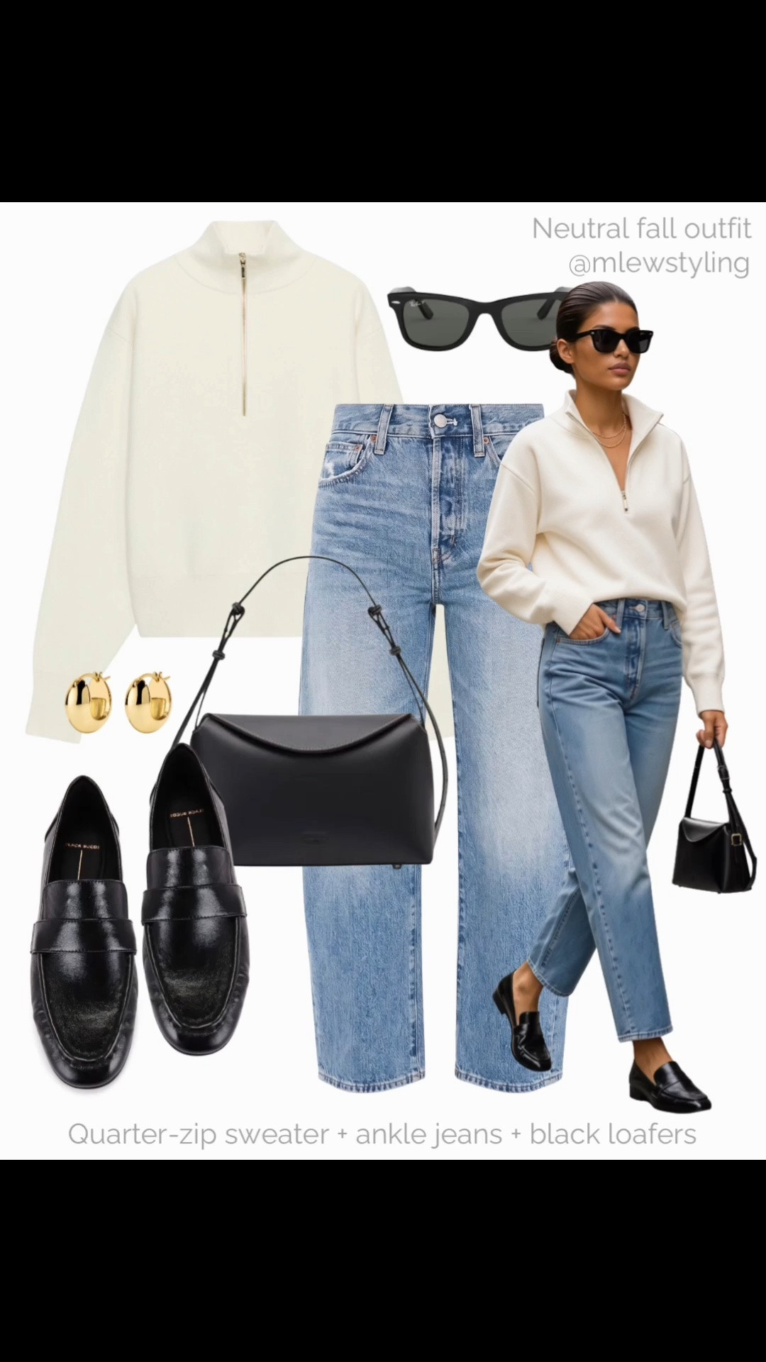 Neutral fall outfit ☁️

Tags: elevated autumn outfit, quarter-zip sweater, barrel leg jeans, black leather loafers, freja nyc black bag, electric picks gold hoop earrings, ray-ban wayfarer sunglasses, casual workwear, office outfit

#LTKfall #LTKjeans #LTKshoes