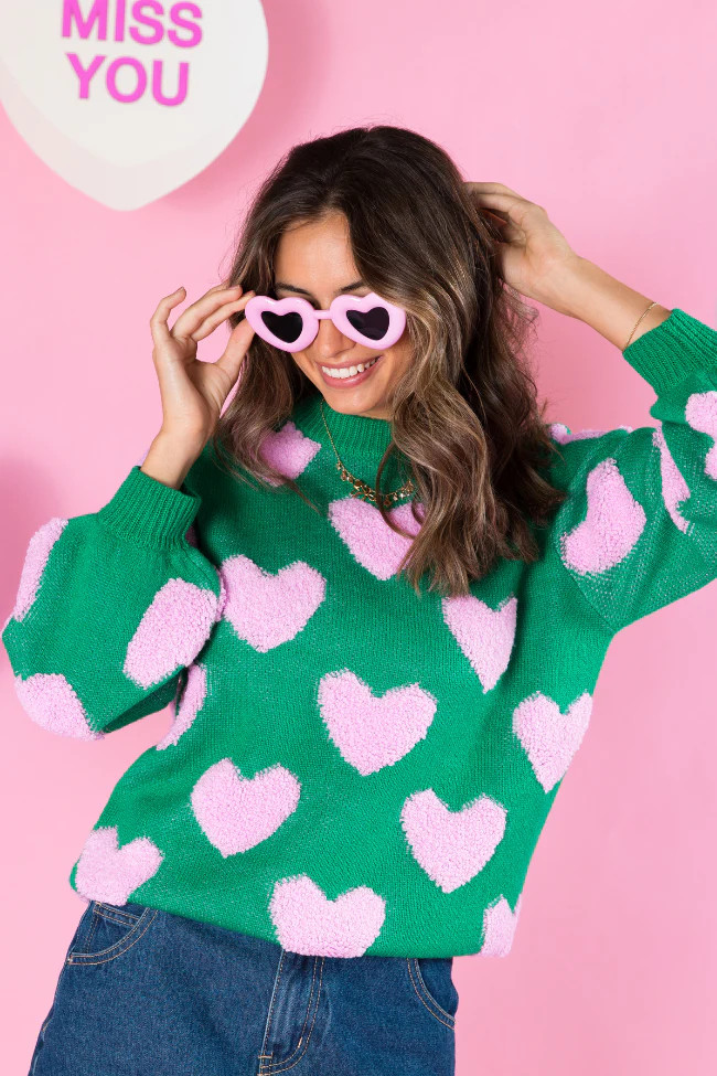 I'll Be There Green Fuzzy Heart Sweater | Pink Lily