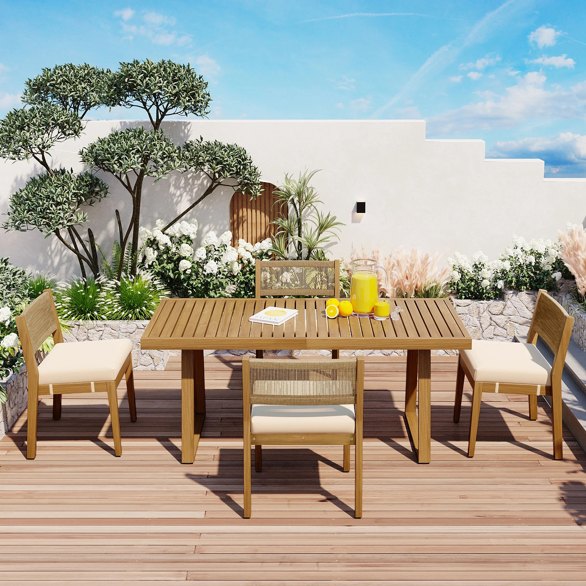 Noble House Acacia Wood Outdoor Dining Table & Chair Set, Multi-Person with Thick Cushions, for B... | Walmart (CA)