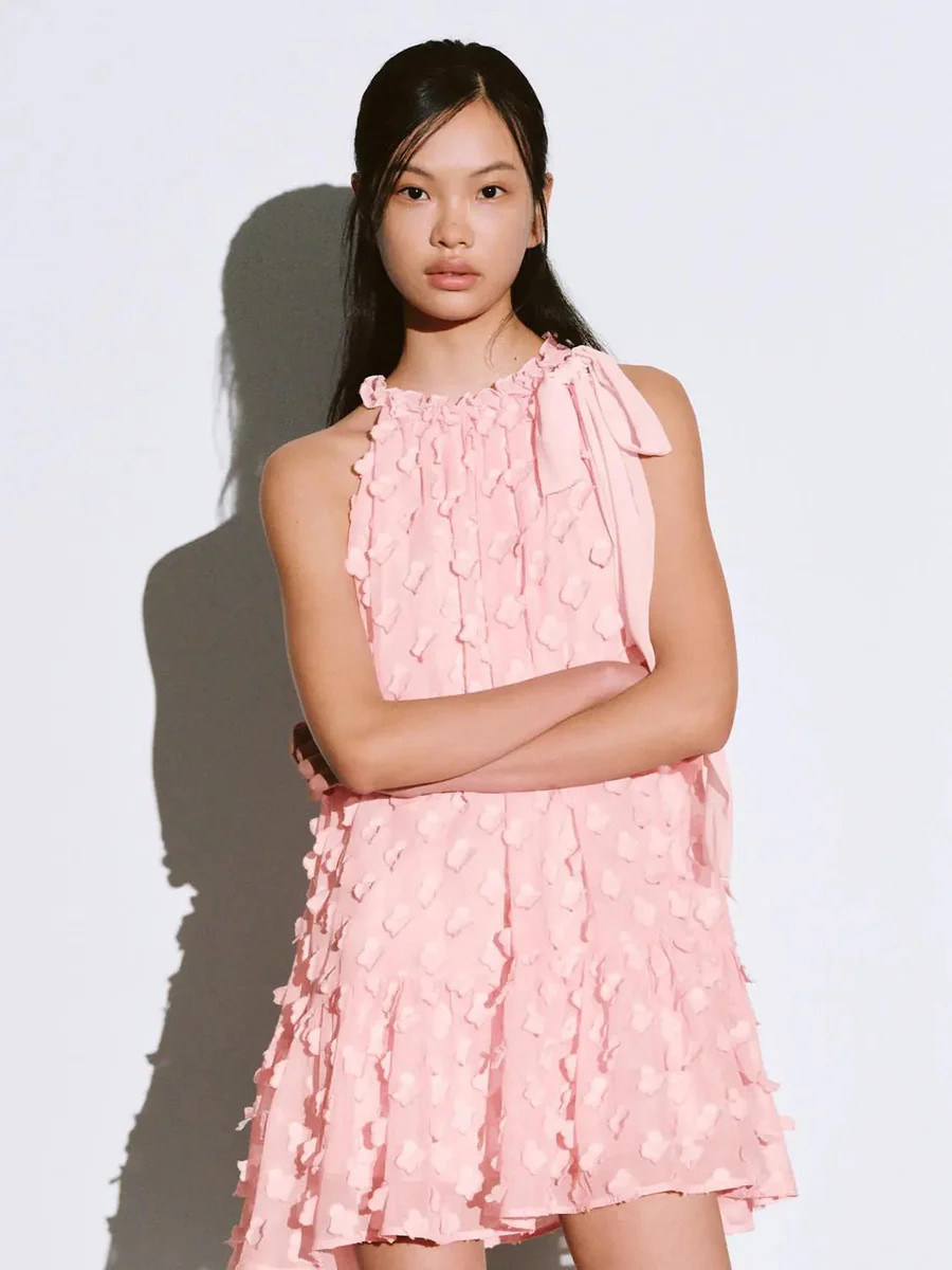 Floral Embellished Ruffle Trim Halter Neck A-Line Dress | Urban Revivo