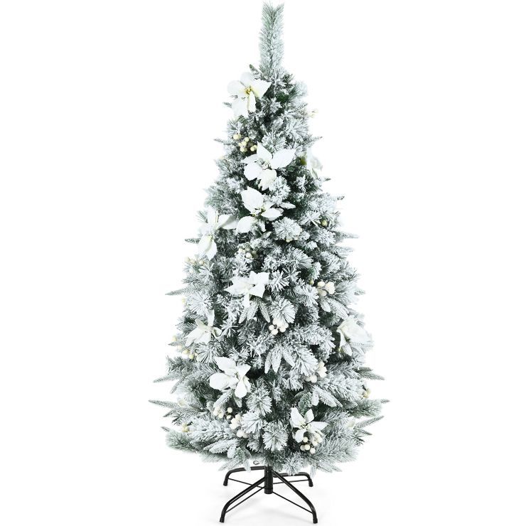 Costway 5ft/6ft/7ft/8ft Snow Flocked Christmas Pencil Tree w/ Berries & Poinsettia Flowers | Target