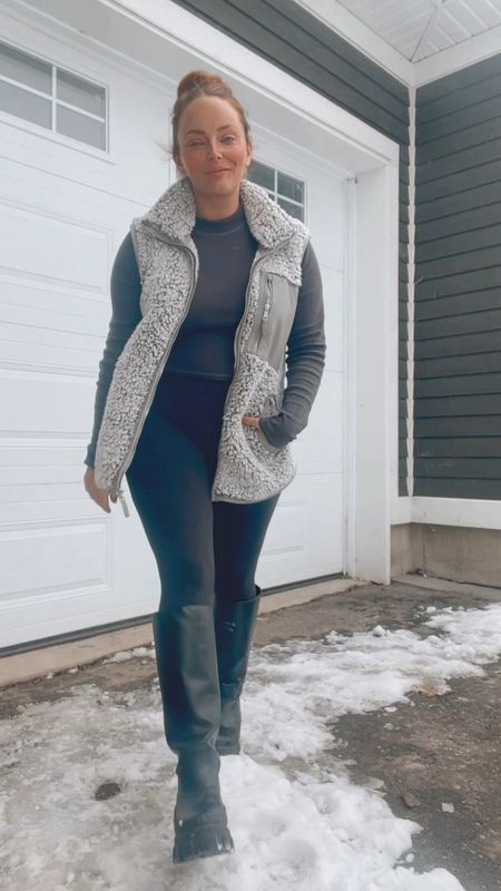 Cozy and comfy apres ski inspired winter outfit. This Sherpa very is SO cozy and the faux leather details are chic. Keeping it comfy in my leggings (size 8) and mock neck crop (size M). These boots are surprisingly comfy for shopping in! Layer up with a double wool sock and you’re good to go!

#LTKGiftGuide #LTKcurves #LTKHoliday
