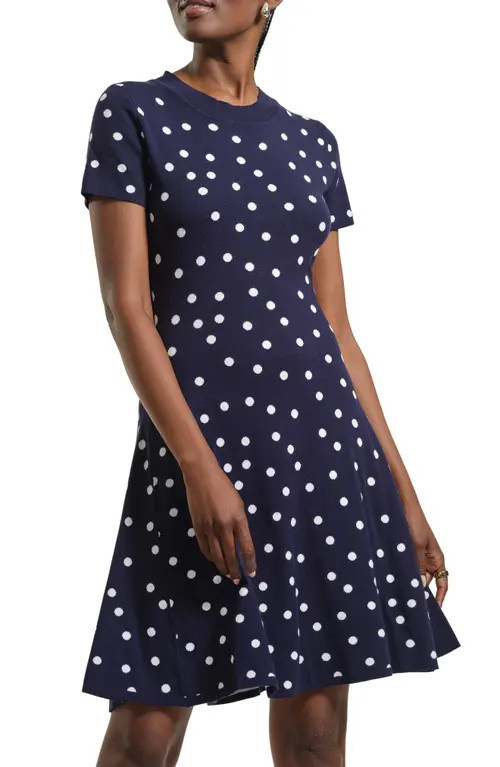 Isaac Mizrahi New York Polka Dot Fit & Flare Sweater Dress in Navy/White at Nordstrom, Size X-Small | Nordstrom