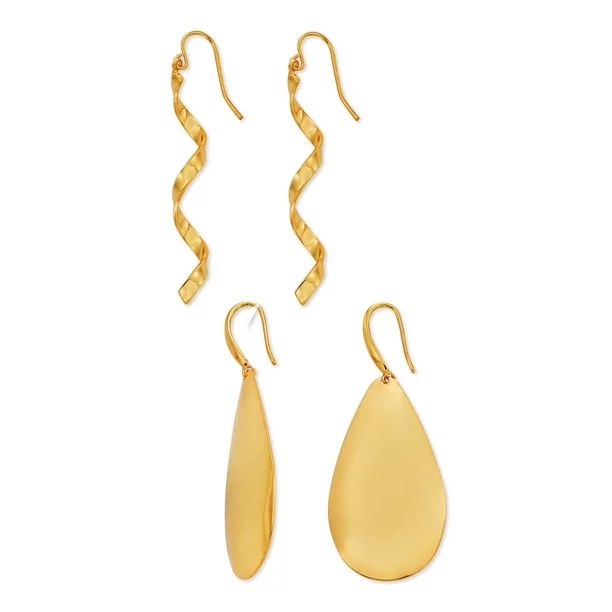 Scoop Brass Yellow Gold-Plated Teardrop & Corkscrew Earrings, 2-Piece Set | Walmart (US)