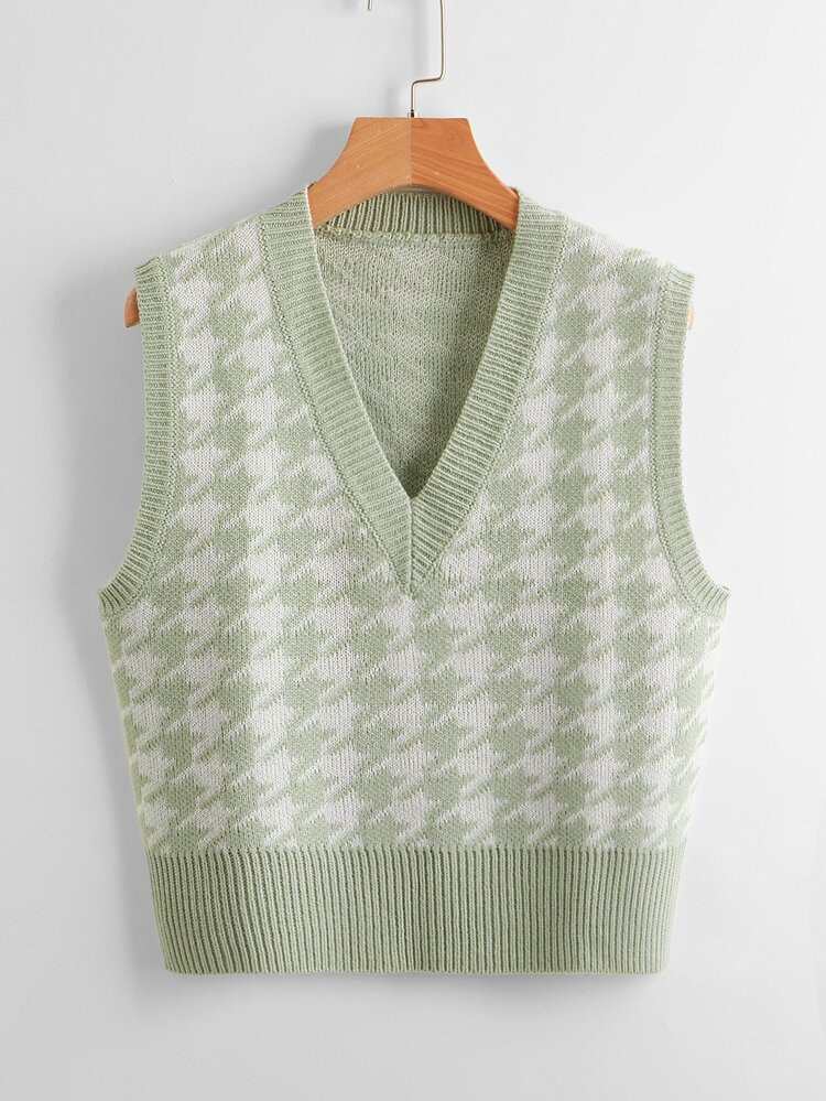 V Neck Houndstooth Pattern Sweater Vest | SHEIN