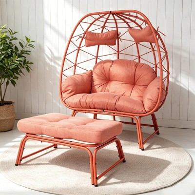 GDFStudio Diego PE Rattan and Iron Patio Double Egg Chair with Ottoman and Cushion, Orange/Red | Target