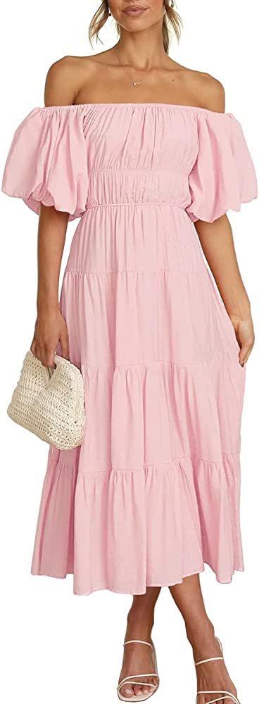 LILLUSORY Off The Shoulder Dresses for Women 2023 Spring Puff Sleeve Smocked Midi Dress Trendy Flowy | Amazon (US)