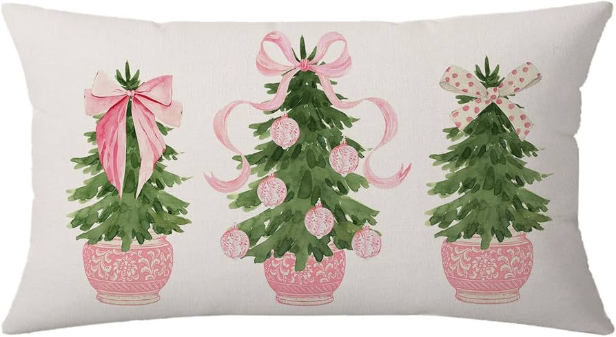 Pink Christmas Tree Merry Christmas Throw Pillow Cover, 12 x 20 Inch Pink Chinoiserie Christmas W... | Amazon (US)