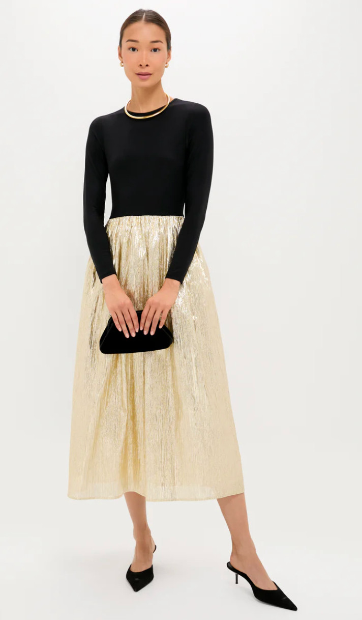 This statement-making maxi features a sleek black knit bodice contrasted with a flowing gold plissé skirt for a modern, mixed-media moment. Perfect for evening events or holiday parties, just add strappy heels and minimal jewelry for instant effortless elegance. 

 #LTKHoliday #LTKSeasonal #LTKWorkwear