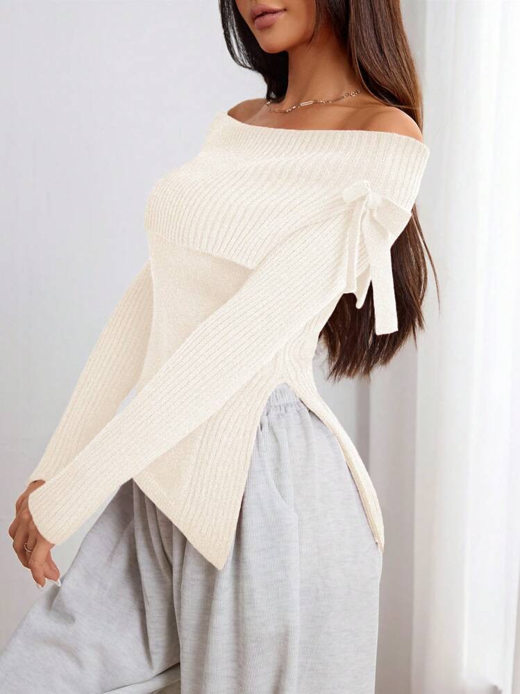 Flirla Women's Plain Off-Shoulder Long Sleeve Form-Fitting Sweater With Side Slit Hem, Autumn/Winter Knit Pullover Fall Outfit | SHEIN
