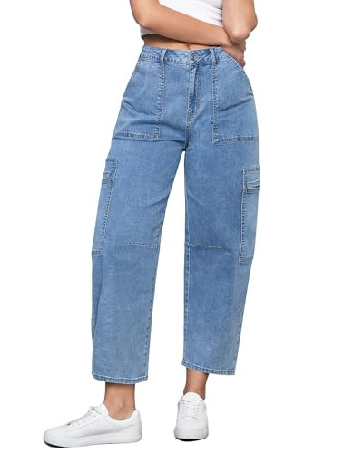 GRAPENT Wide Leg Jeans - Women's Stretchy Baggy High Rise Barrel Jeans - Trendy Stretch Color Bay Blue - XX-Large Size 20 to 22 | Amazon (US)