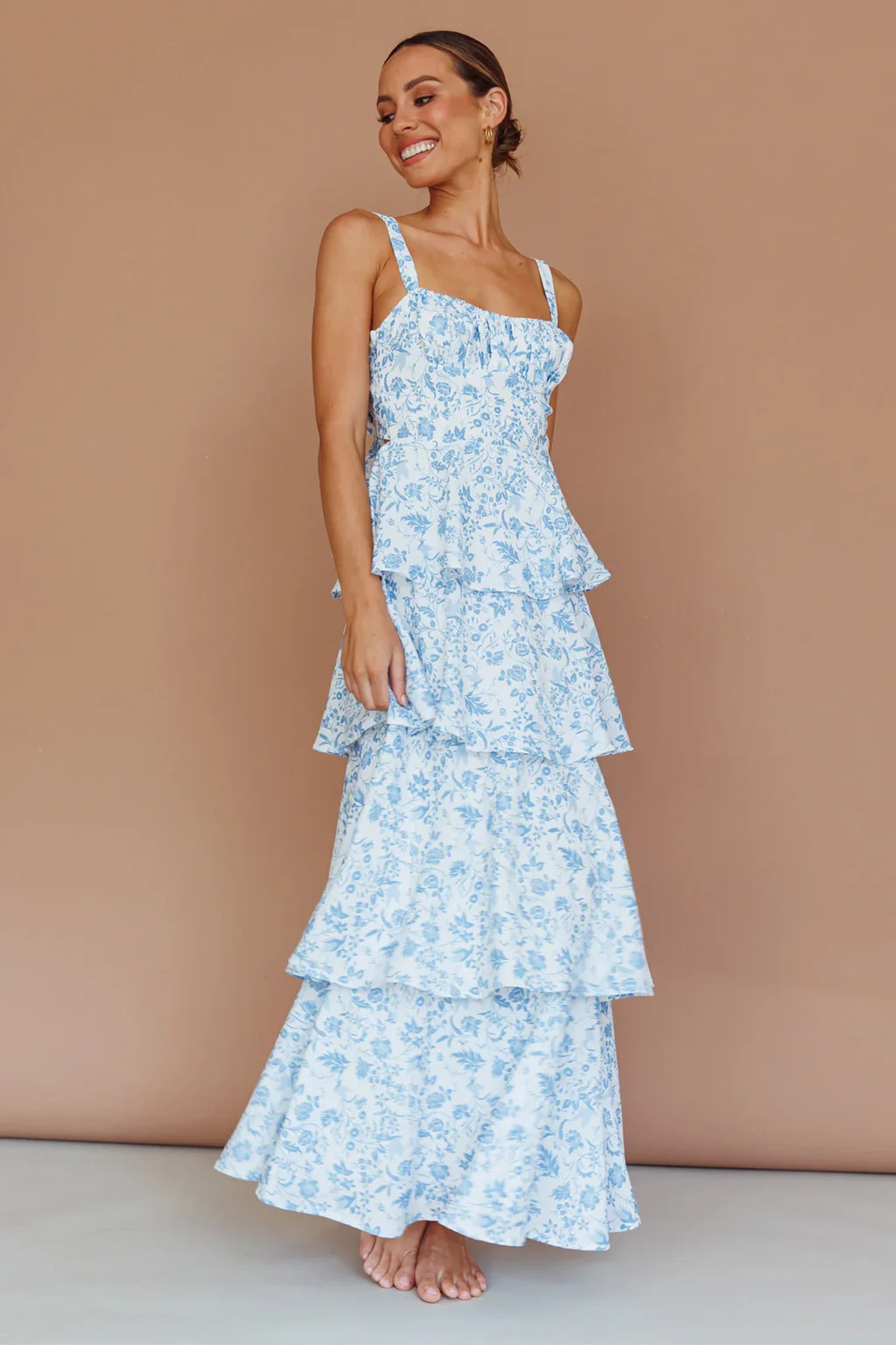 Molly Maxi Dress - Blue Floral Tiered Dress with Bow | Lady Black Tie