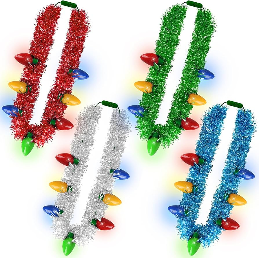 Light up Christmas Necklace, 4PCS Tinsel Christmas Necklaces Accessories, 7 Bulb Xmas Red Yellow ... | Amazon (US)