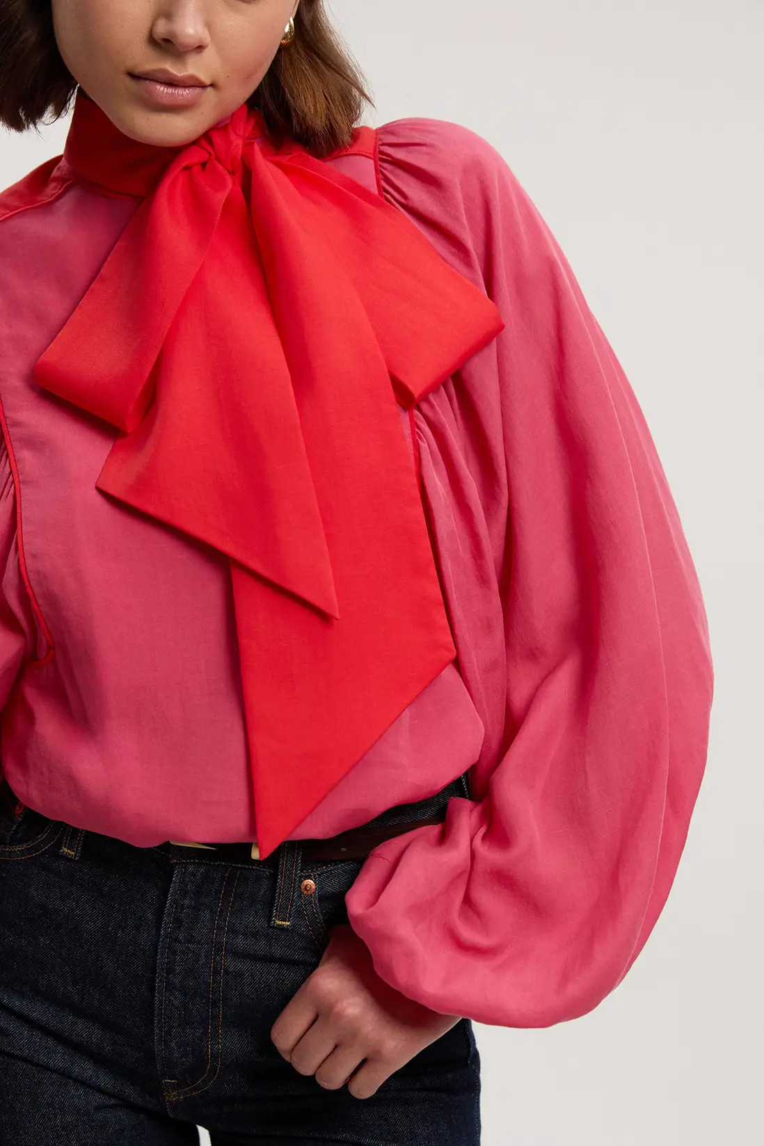 Colour Block Fluid Tencel Woven Tie Neck Blouse | Karen Millen US