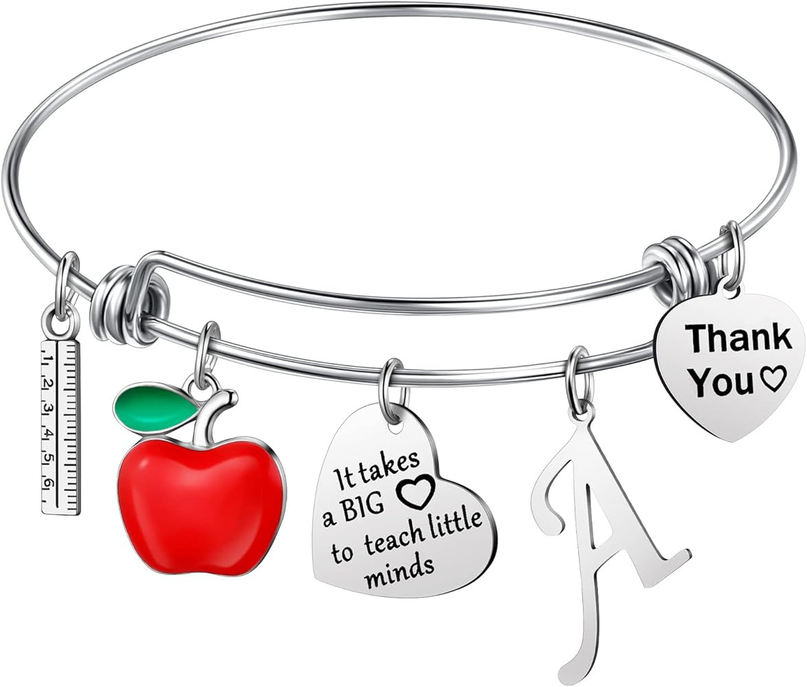 MTLEE Teacher Appreciation Gift Bracelet Bangle With Initial and Thank You Keychain | Amazon (US)