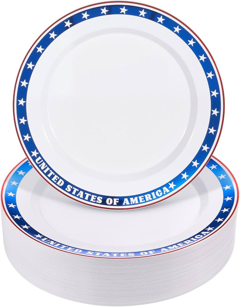 BESTVIP 50Pcs 4th of July Plastic Plates 10 Inch - Heavy Duty American Flag Patriotic Disposable ... | Amazon (US)