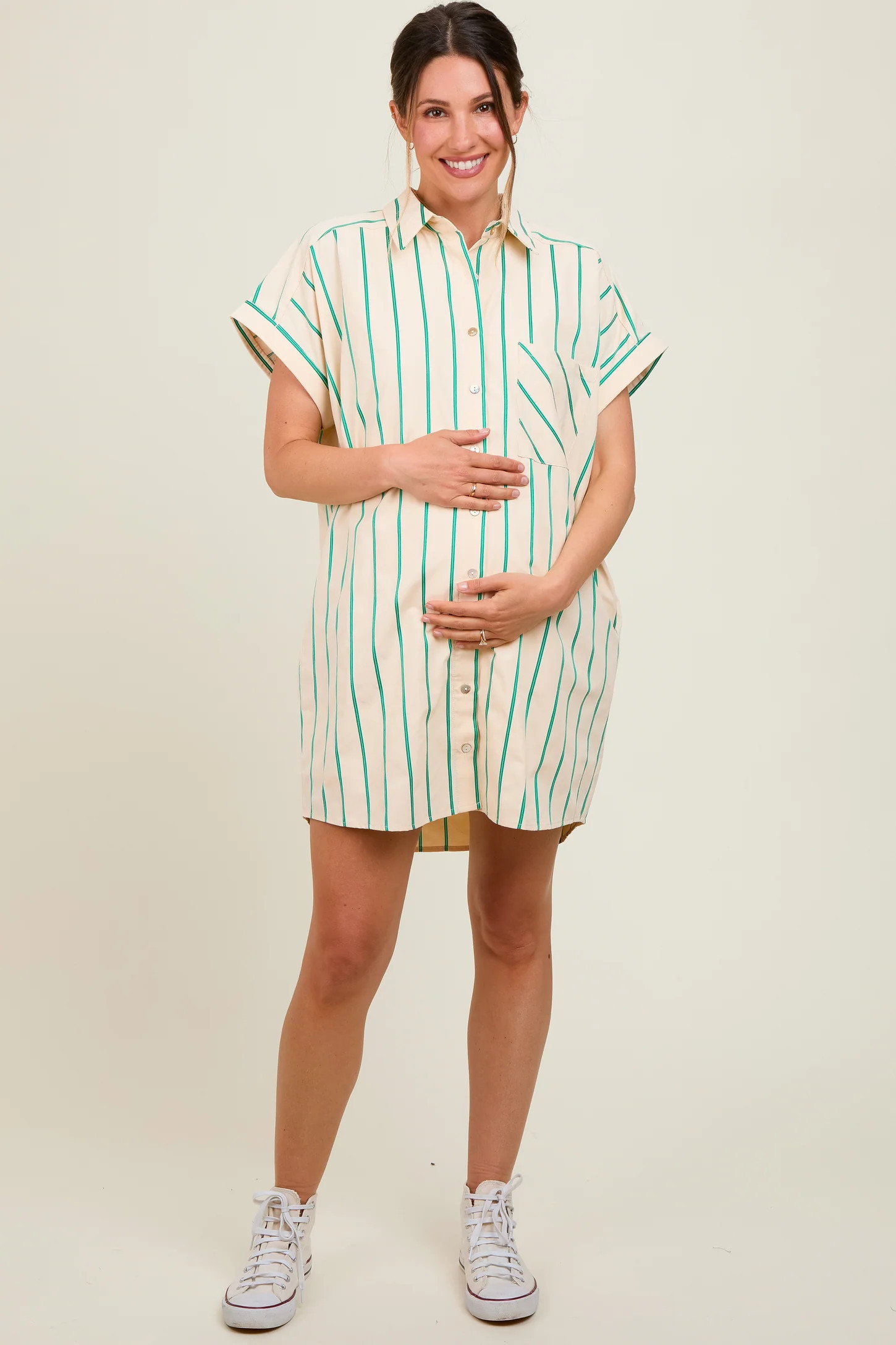 Cream Striped Maternity Shirt Mini Dress | PinkBlush Maternity