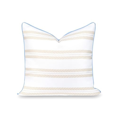 Hofdeco Premium Coastal Hampton Patio Indoor Outdoor Throw Pillow Cover Only, 22"x22" Water Repellent for Backyard, Couch, Poolside, Neutral Tan Blue Print Leaf Striped | Amazon (US)