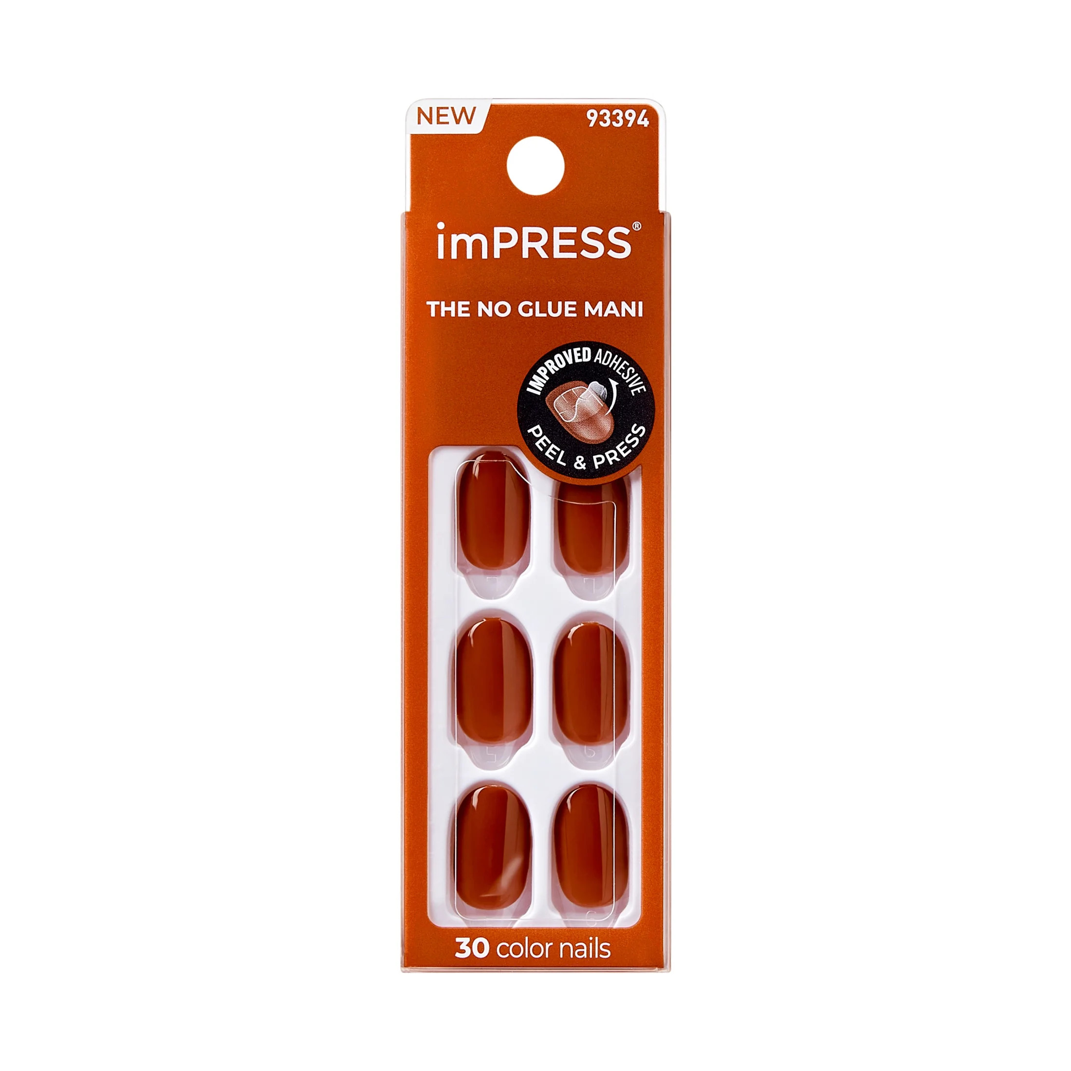 KISS imPRESS No Glue Needed Press On Nails, Color, Spiced Cider, Brown, Short Oval, 30 Count | Walmart (US)