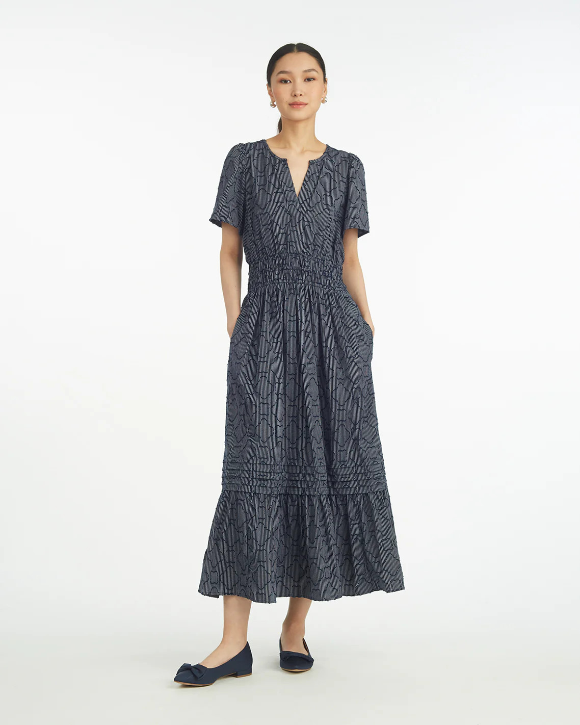 Hollie Midi Dress in Navy Textured Stripe | Draper James (US)