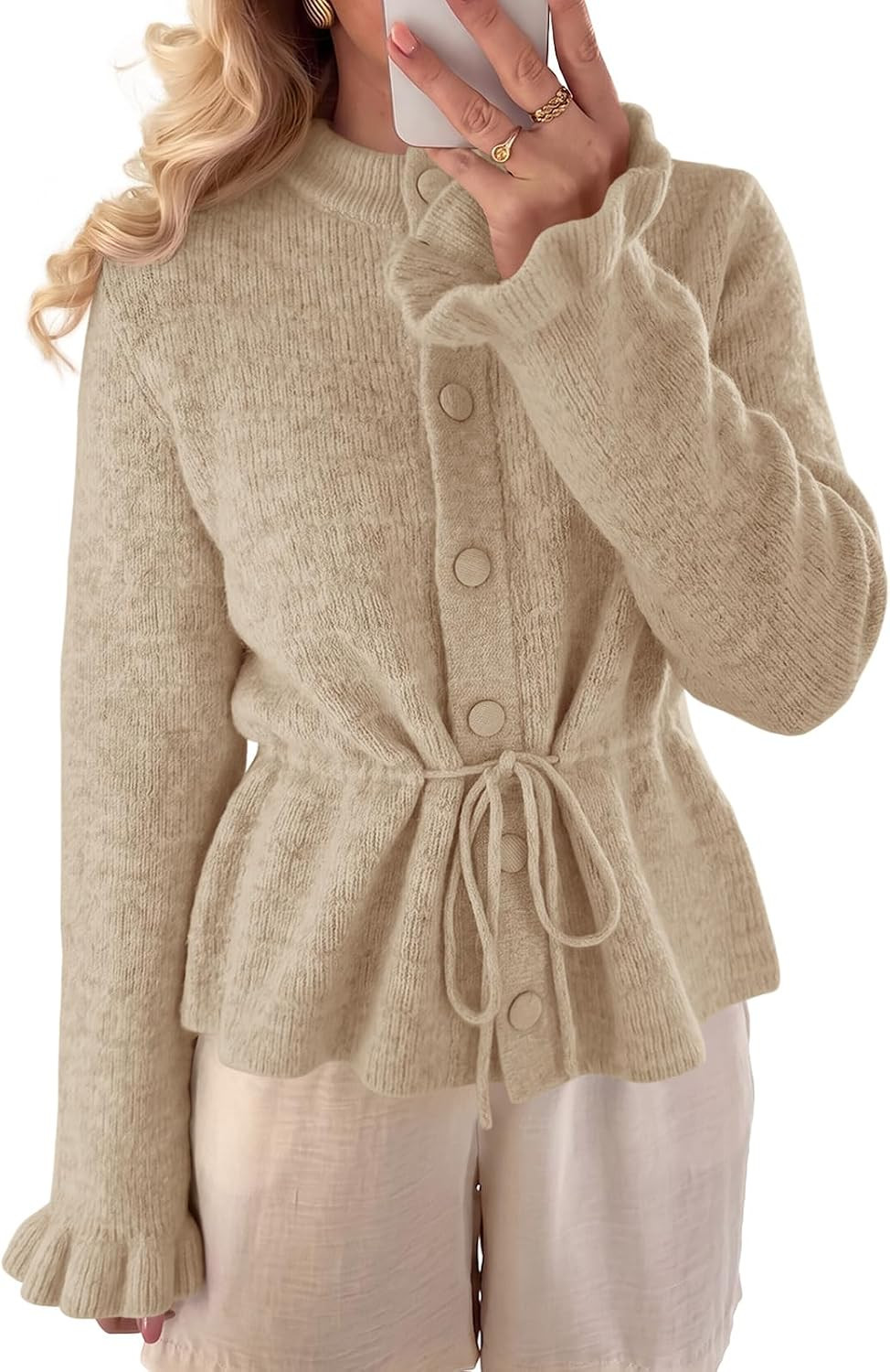 Saodimallsu Womens Ruffle Sleeve Cardigans Button Up Tie Sweater Tops | Amazon (US)