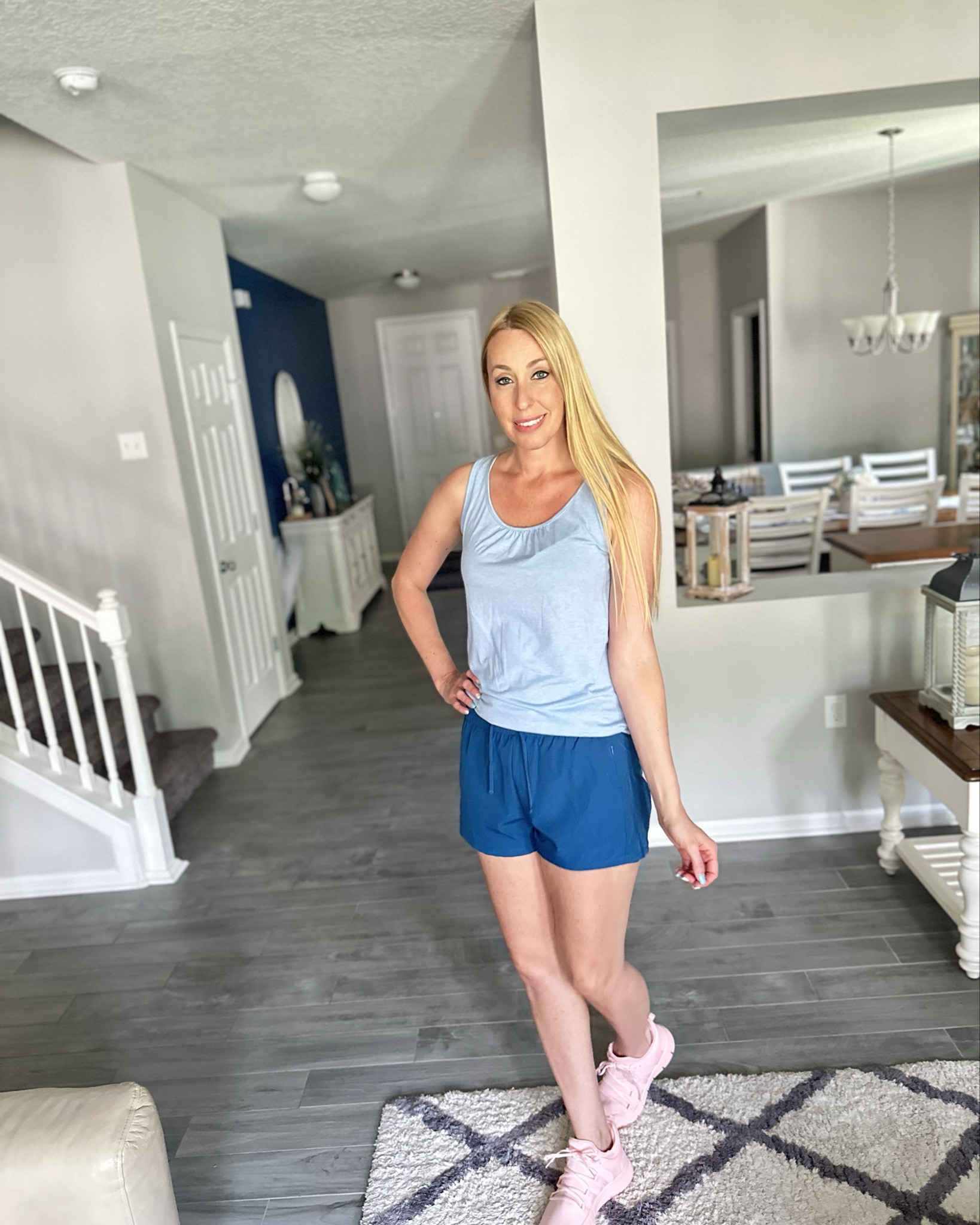 Summer run 🏃‍♀️ outfit 
🩵 mesh sides in the shorts
💙 undergarments sewn into the shorts 
🩵 wearing size small in both 

#LTKFitness #LTKStyleTip #LTKFindsUnder50