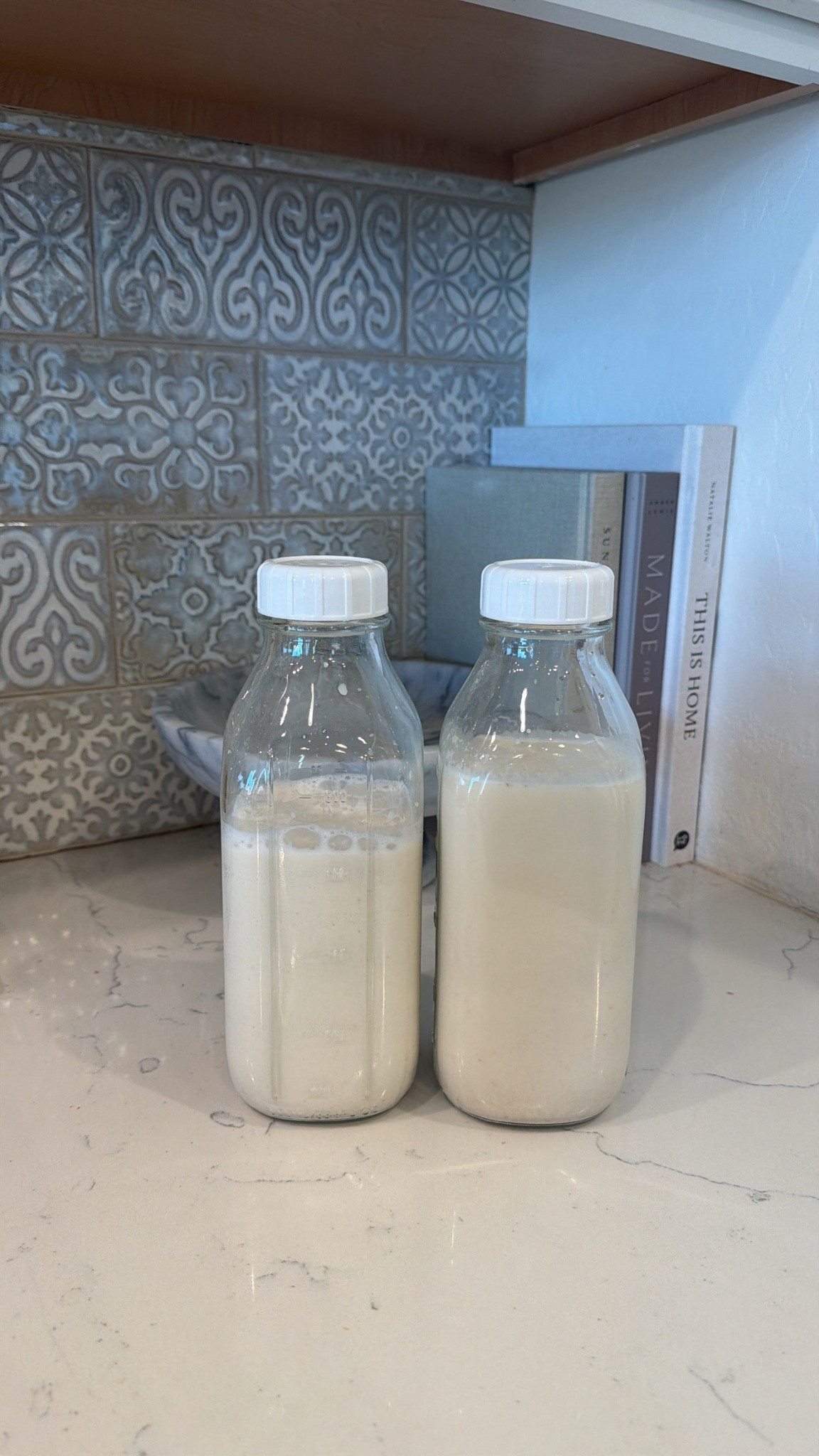 Homemade cashew milk! Love these glass bottles! 