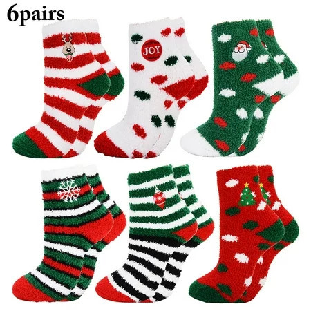 6 Pairs Christmas Socks Fuzzy Socks for Women Winter Warm Soft Non Skid Slipper Socks Cozy Socks Crew Socks Christmas Gift | Walmart (US)