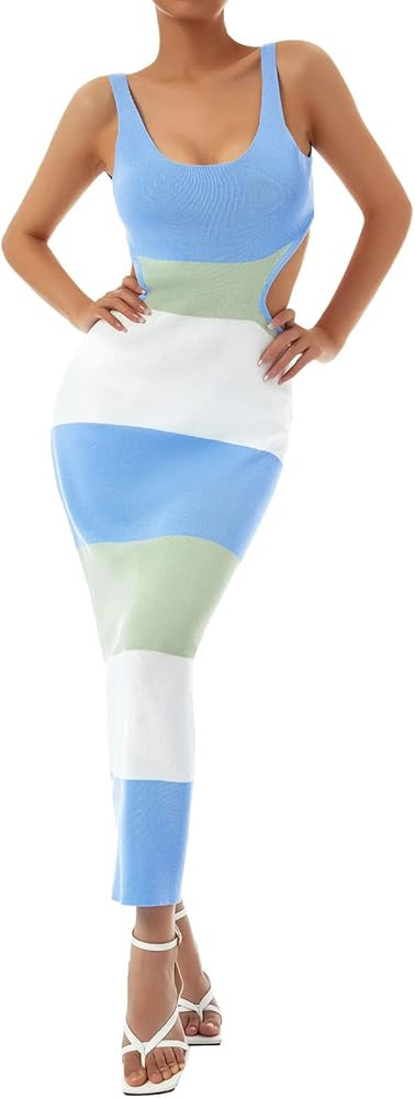 NUFIWI Women Hollow Out Backless Maxi Dress Knitted Spaghetti Strap Bandage Long Dress... | Amazon (US)