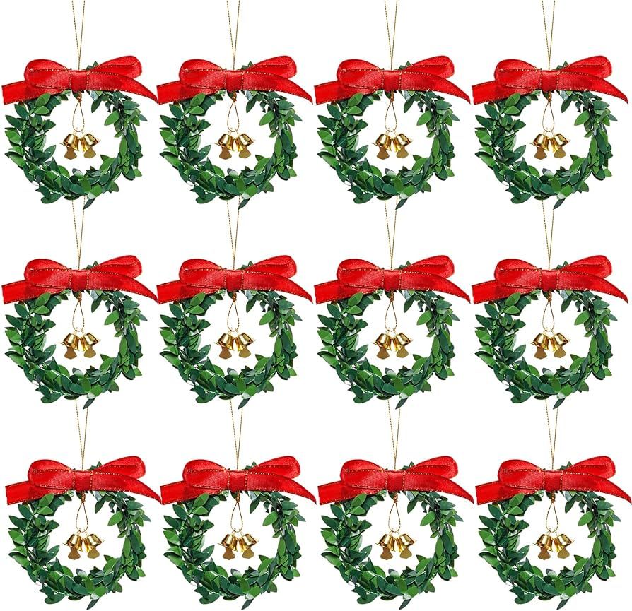 jiebor 12Pcs Mini Christmas Wreaths Small Green Hanging Wreath Christmas Ornament for Winter Holi... | Amazon (US)