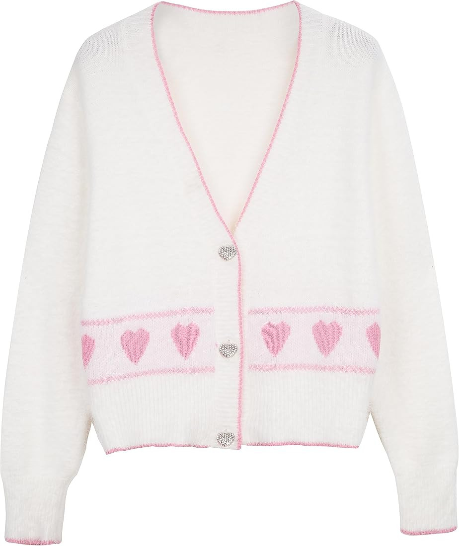 Women Kawaii Cardigan Sweater Heart Printed Fuzzy Crop Top with Glittery Buttons S-XL | Amazon (US)