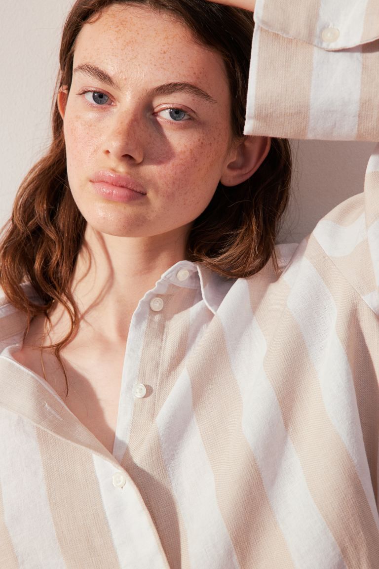 Linen-blend Shirt - Light beige/striped - Ladies | H&M US | H&M (US + CA)