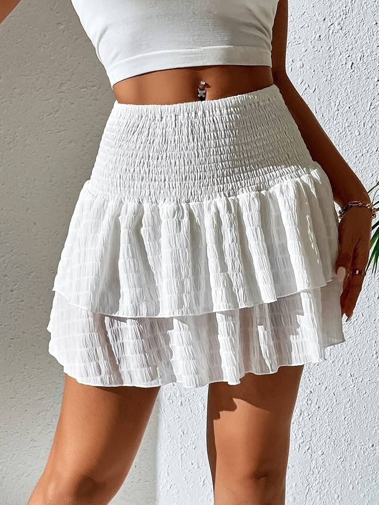 Skirts for Women Shirred Two Layer Hem Skirt High Waist Casual | Amazon (US)