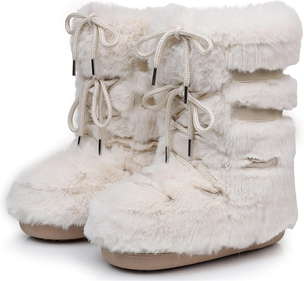 Fur Boots for Women, Furry Faux Fur Fuzzy Fluffy Women Snow Boots with Fur Lined Black White Pink... | Amazon (US)