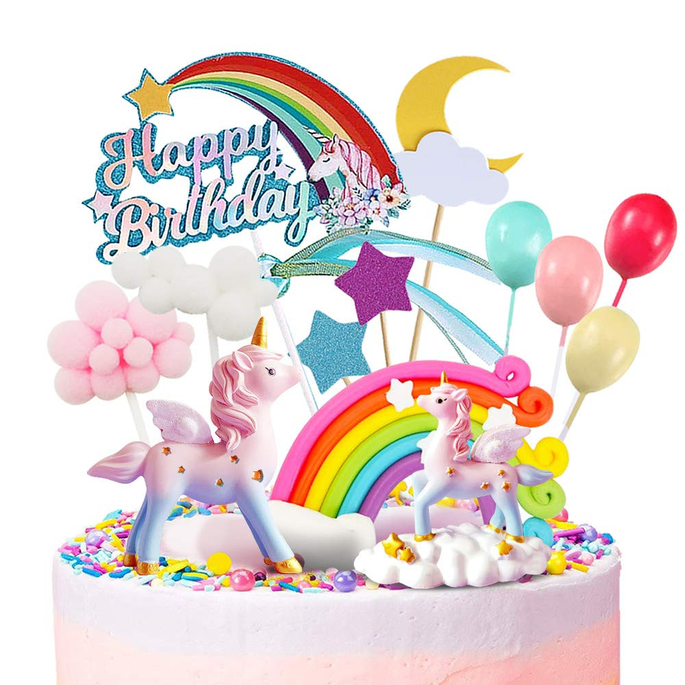 MOVINPE Unicorn Cake Topper, 2 Magic Unicorns Sculpture, 1 Rainbow, 1 Happy Birthday Banner, 2 Cl... | Amazon (US)
