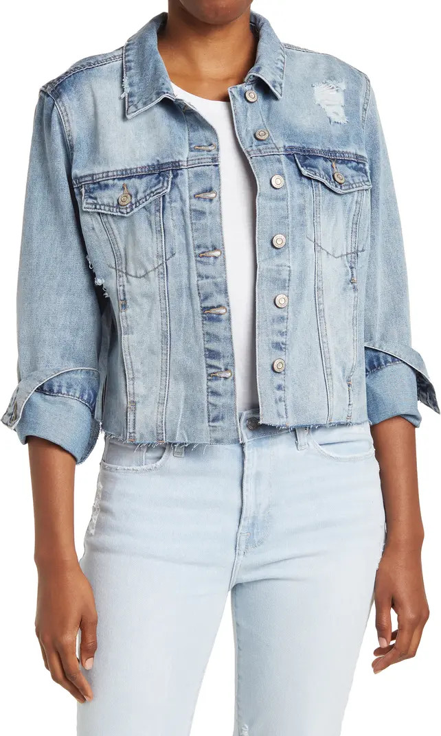 KENSIE Distressed Raw Hem Cropped Denim Jacket | Nordstromrack | Nordstrom Rack
